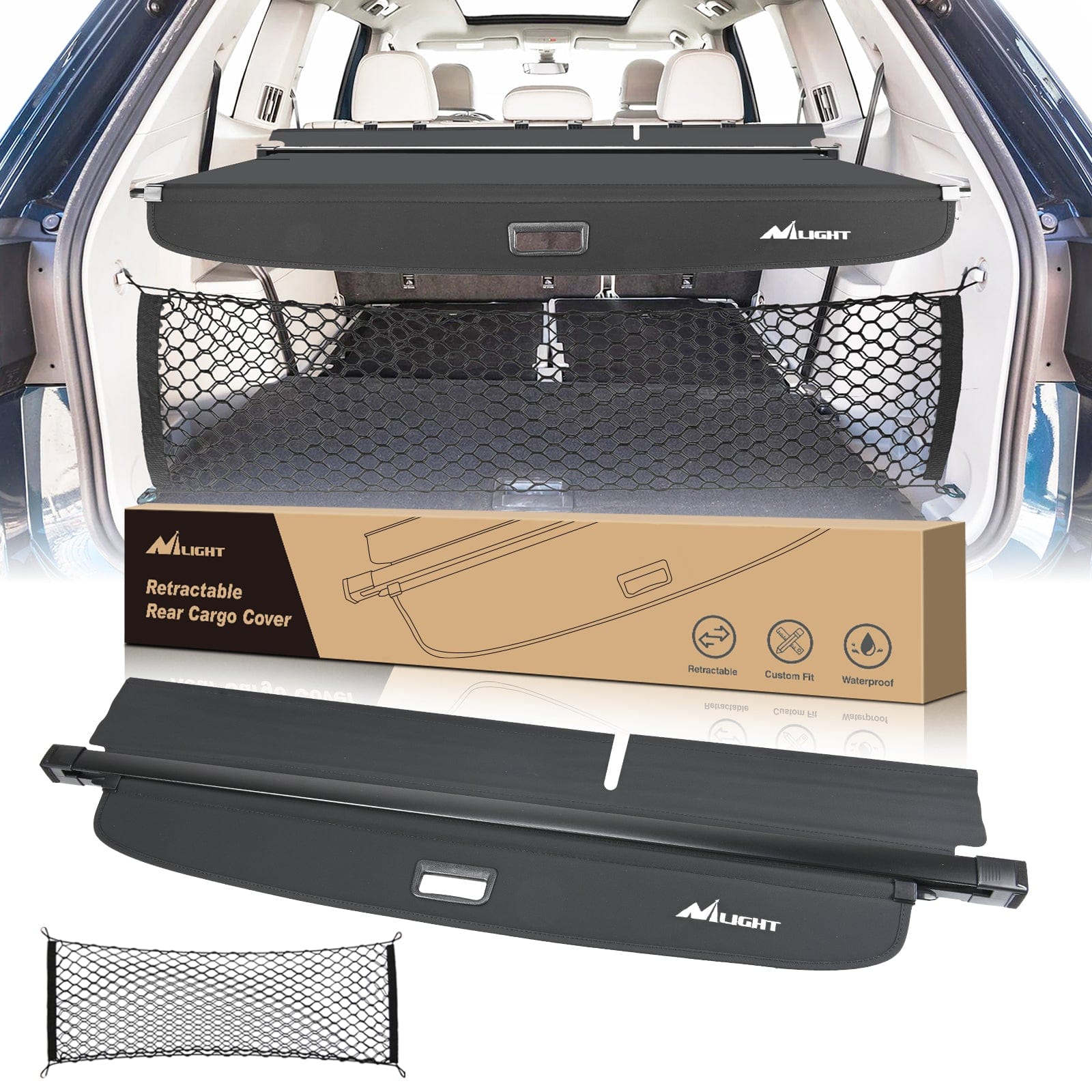 Trunk Cargo Coverfor VW Volkswagen Atlas 2018 2019 2020 2021 2022 2023 2024 2025, Retractable Privacy Security Shield Shade Rear Trunk Cover, with Trunk Storage Net