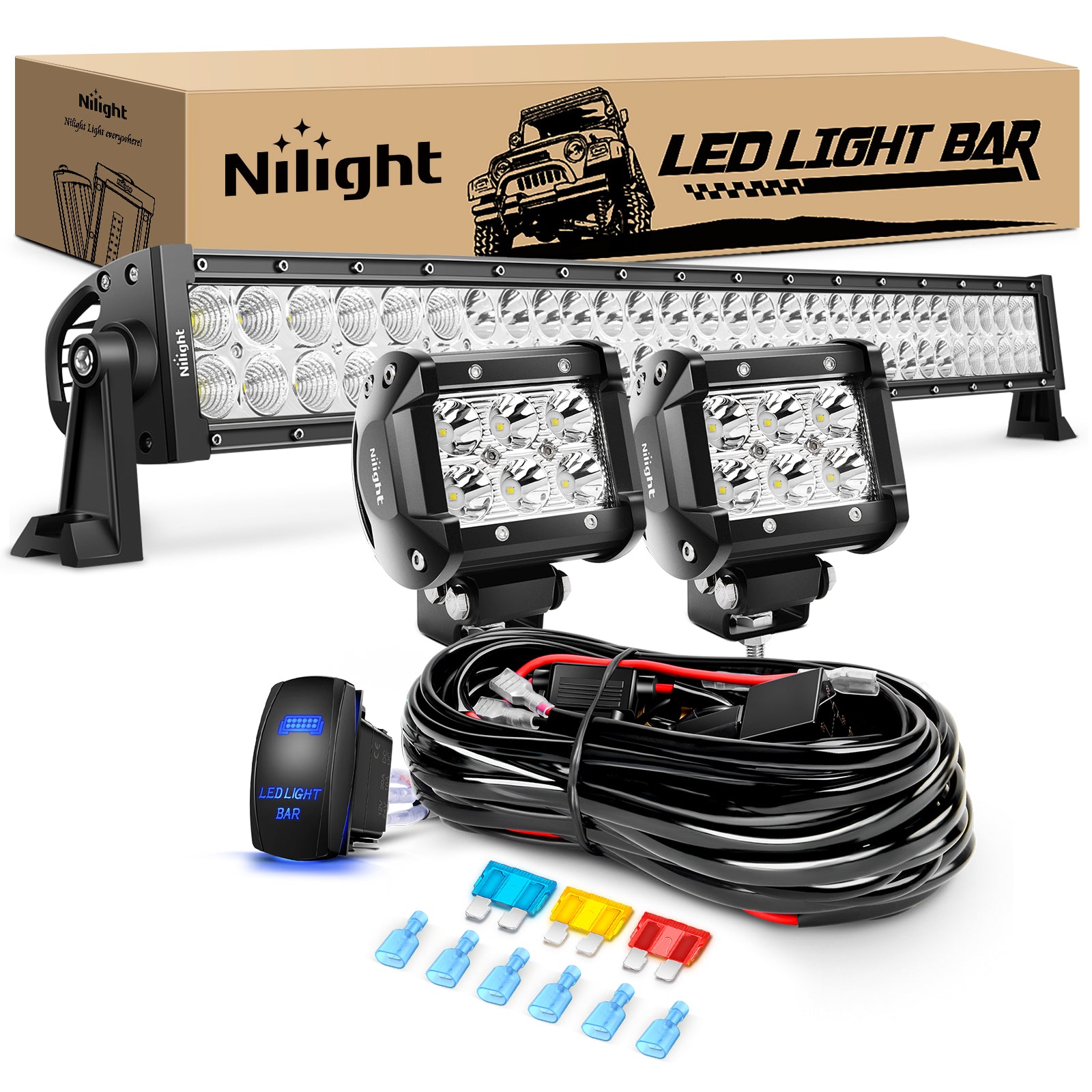 32 Inch 180W Spot Flood Combo Led Light Bar 2Pcs 18W 4Inch Spot LED Pods Driving Off Road Lights with 14AWG Wiring Harness Kit-3 Leads for Van Car Pickup Golf Cart ATV UTV SUV Truck Boat