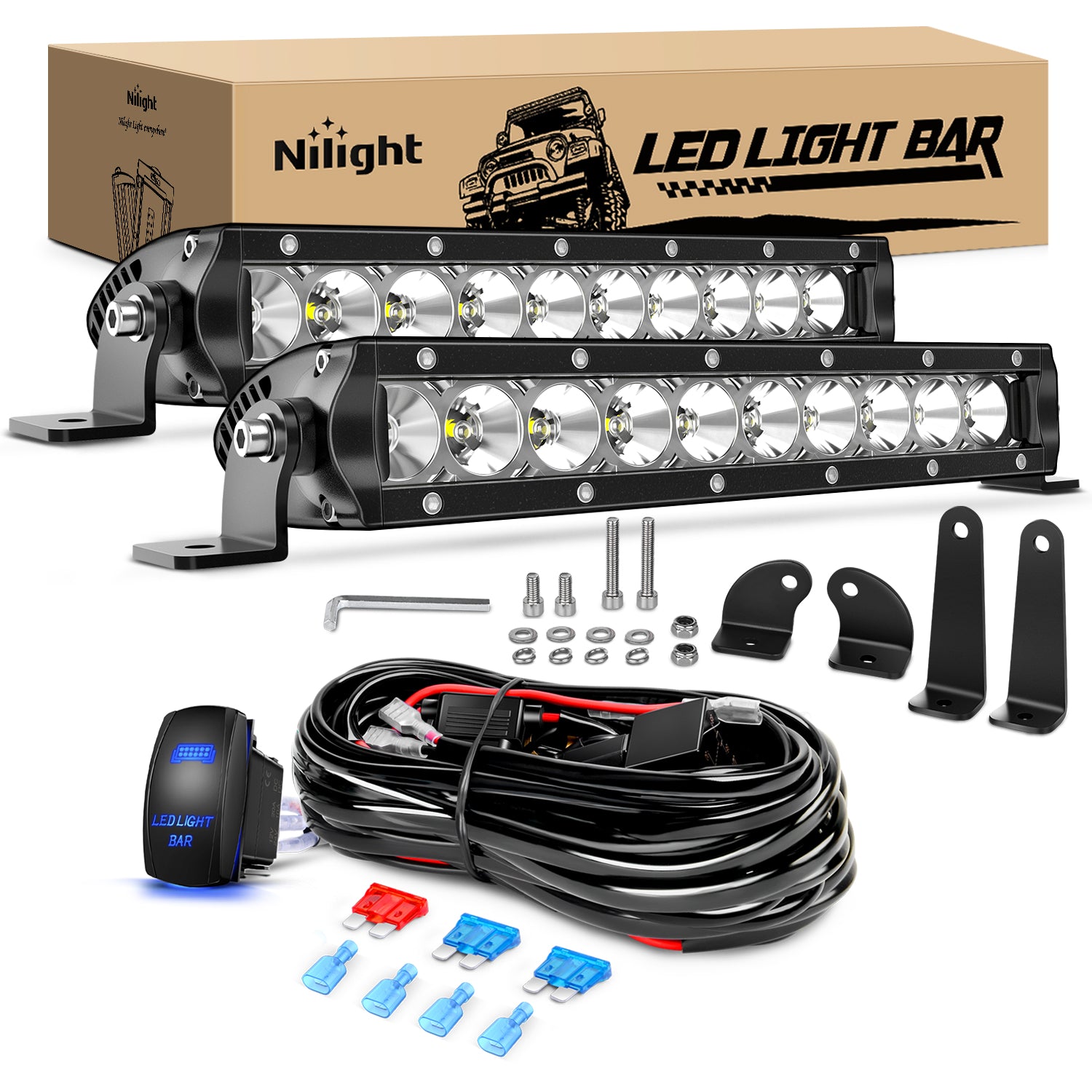 Led Light Bar 2Pcs 11 Inch 50W Super Slim Spot Flood Combo 5000LM 3D Driving Fog Off Road Lights Pods with Wiring Harness Kit-2 Lead for Trucks Pickup SUV ATV UTV Boat 4x4 Van Camper