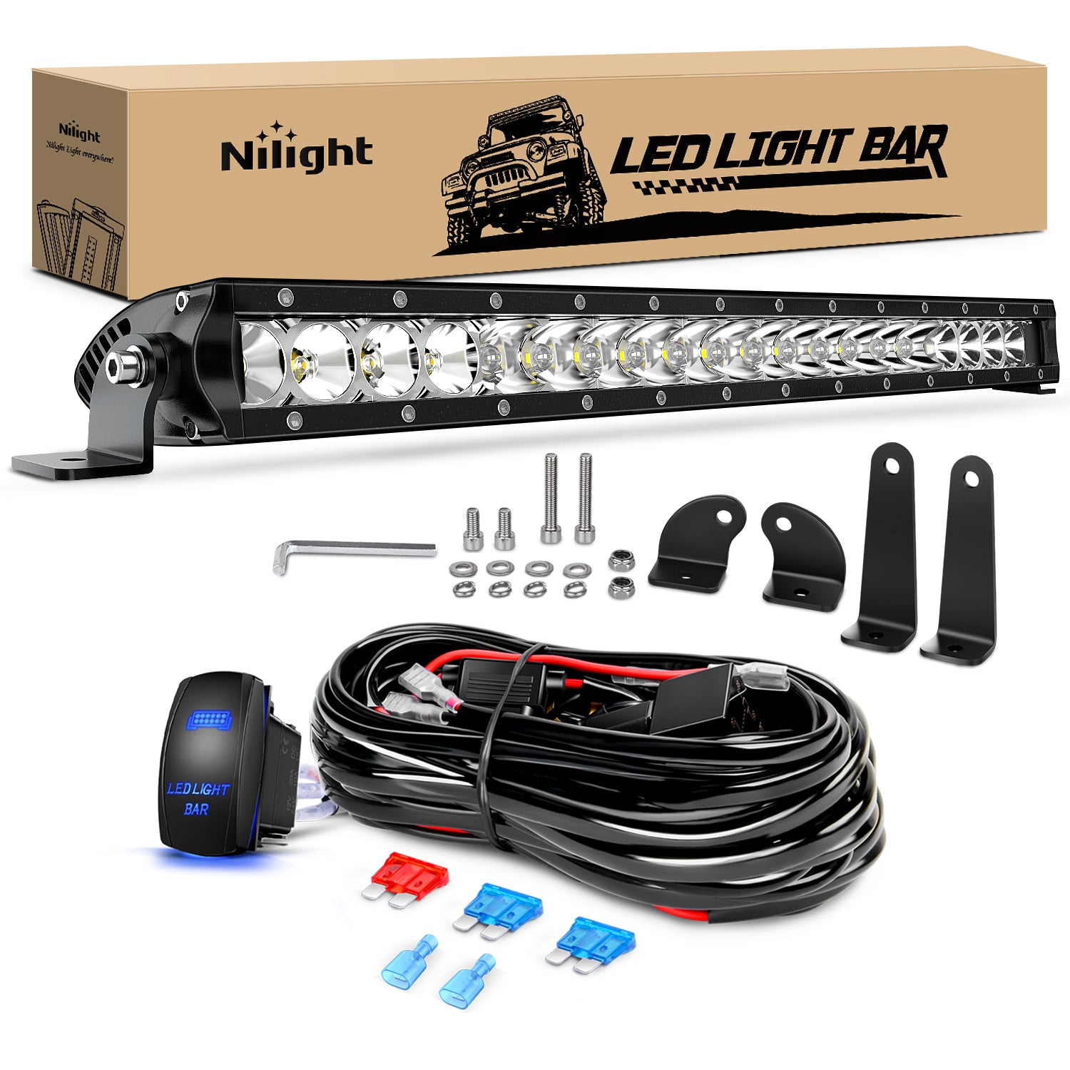 LED Light Bar 21inch 100W Spot Flood Combo Super Slim 9000LM Off Road 3D LED Driving Off Road Lights with Wiring Harness Kit-1 Lead for Trucks Pickup SUV ATV UTV Boat 4x4 Van Camper