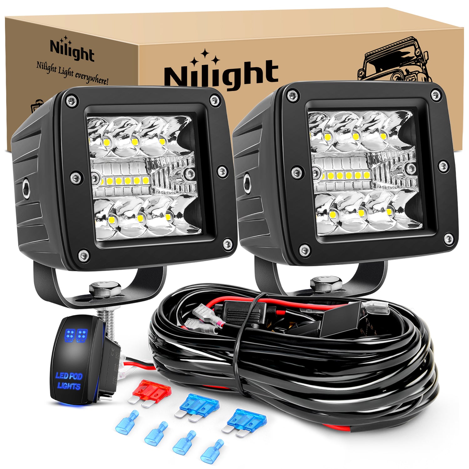 2Pcs 3Inch 42W LED Cubes Upgraded Spot Flood Combo Square Driving Fog Off Road Lights 12V 5Pin Rocker Switch Wiring Harness Kit-2 Leads (ZH045)