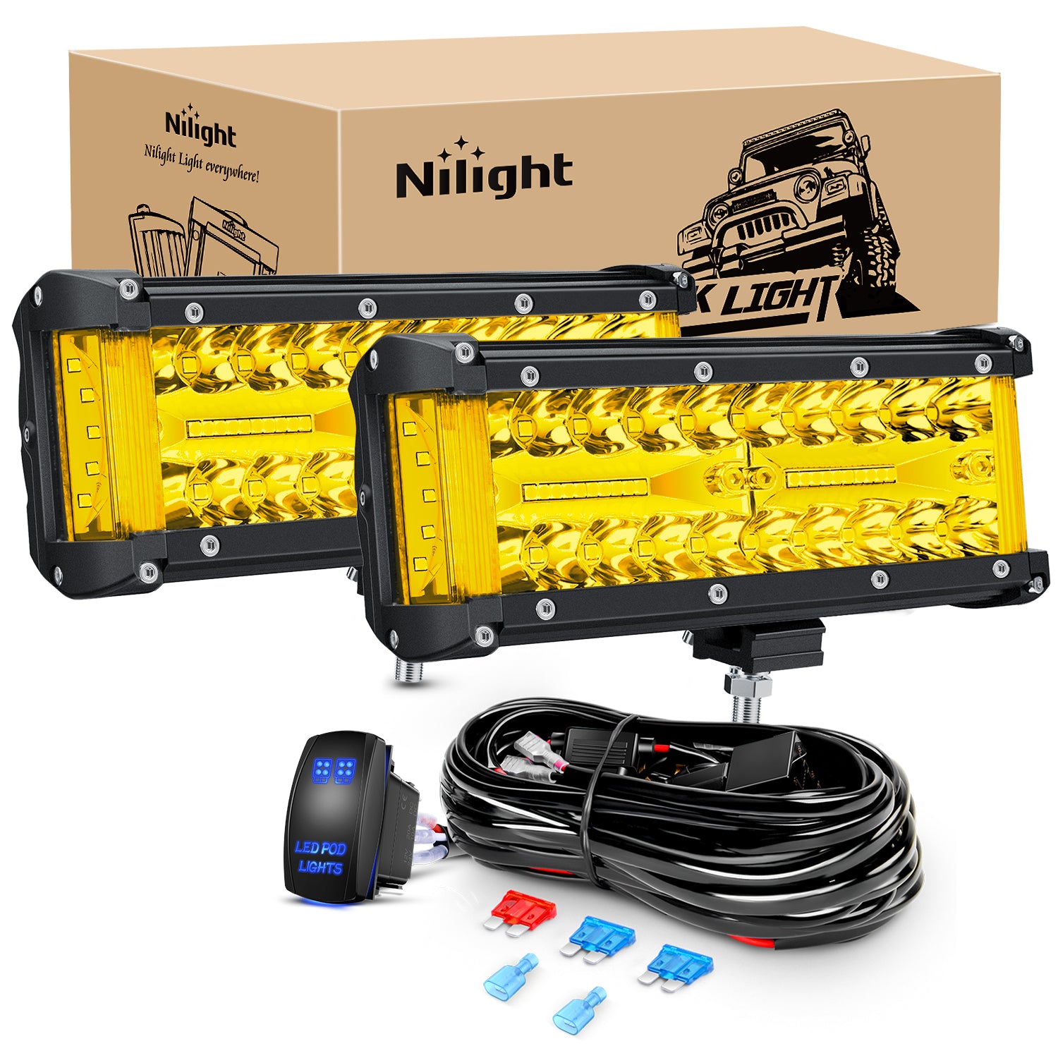 Side Shooter LED Light Bar 2PCS 7 Inch Triple Row Spot Flood Combo Yellow Beam Pods with 5Pin Rocker Switch Wiring Harness Kit for Off Road Lighting on Truck SUV ATV UTV