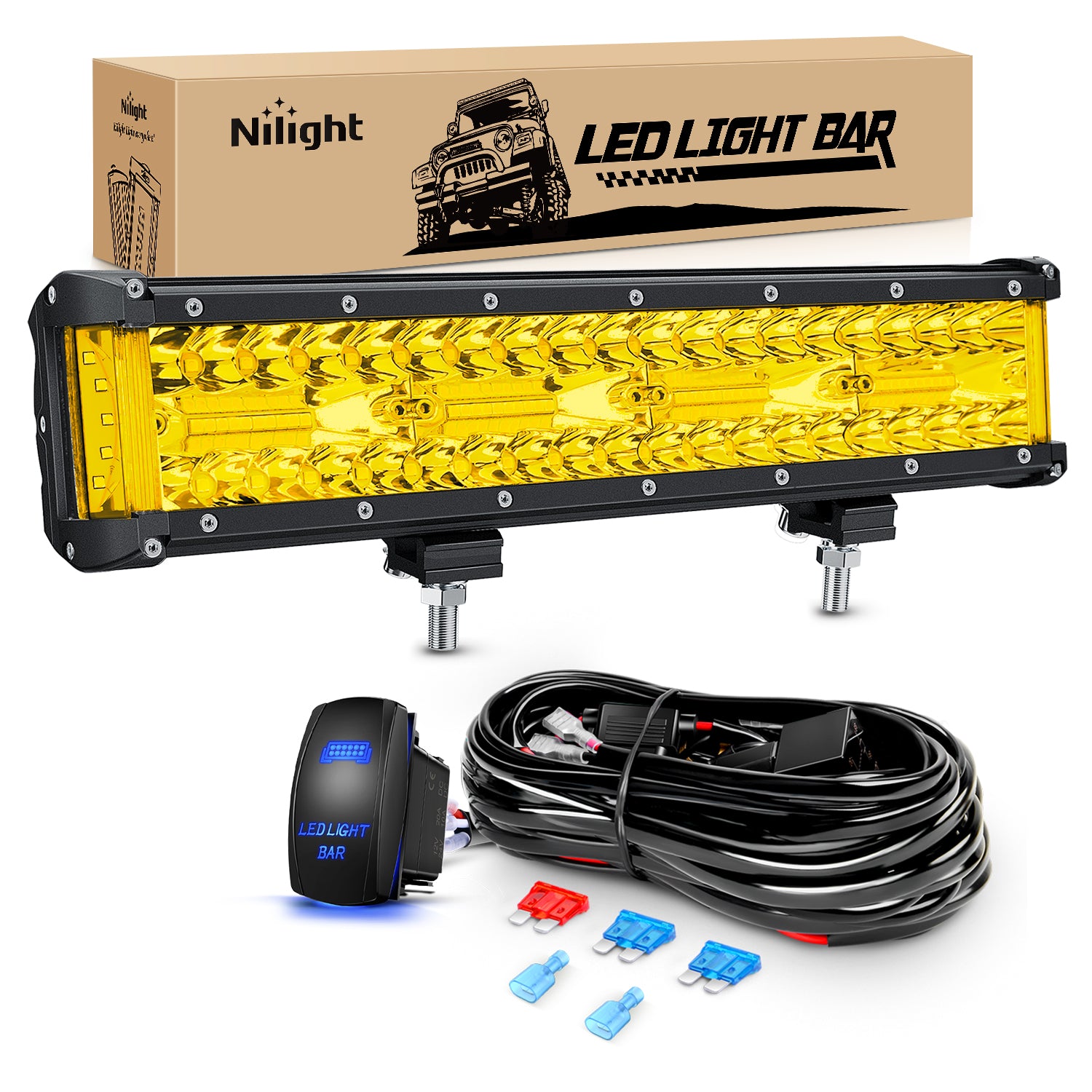 Side Shooter Light Bar 12Inch Triple Row Spot Flood Combo Yellow Beam Work Lights with 5Pin Rocker Switch Wiring Harness Kit for Off-Road Lighting on Truck SUV ATV UTV