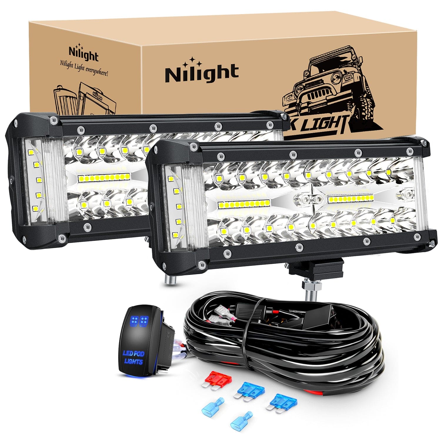 2PCS 7Inch Triple Row Spot Flood Combo Led Light Bars with 5Pin Rocker Switch Wiring Harness Kit