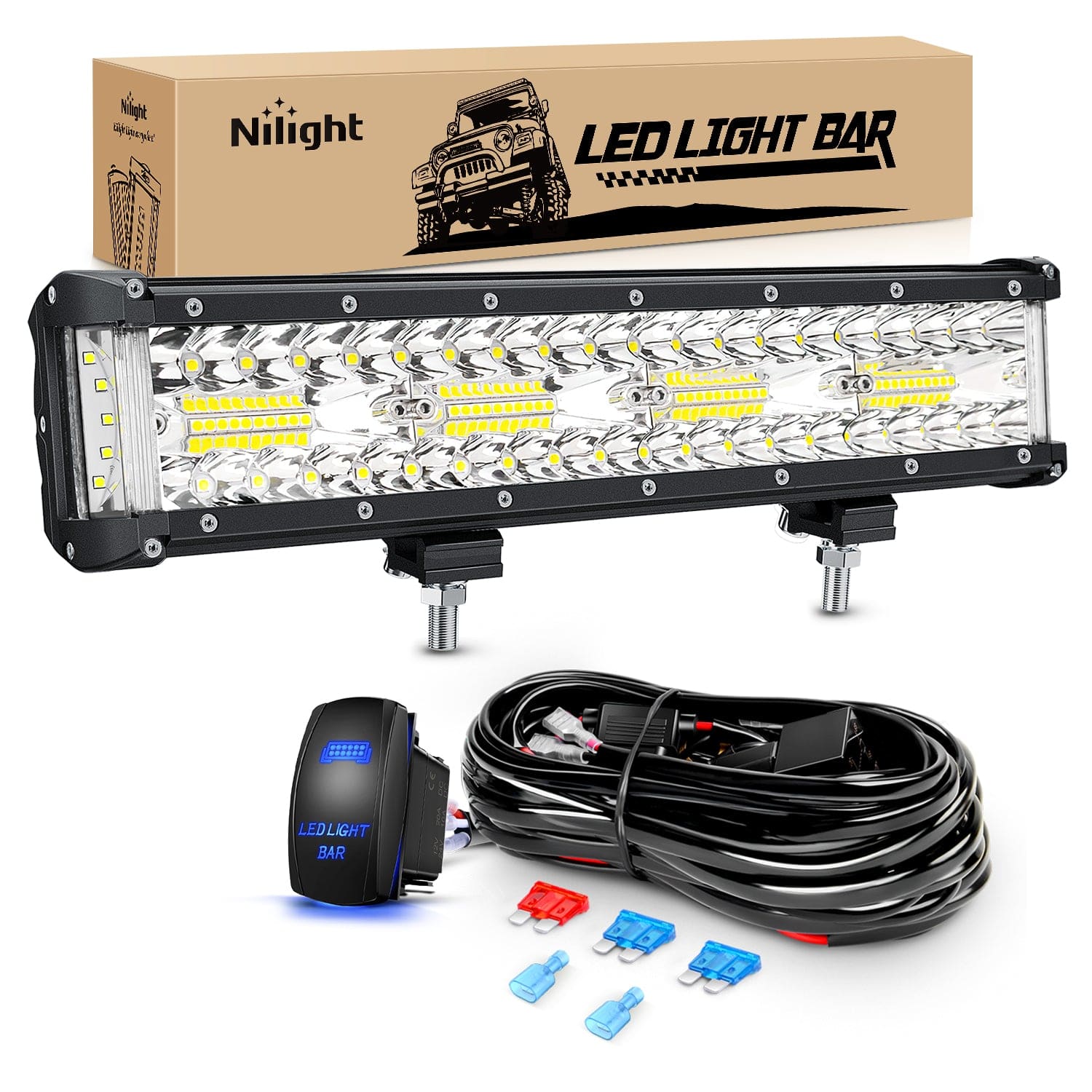 2PCS 12Inch Triple Row Spot Flood Combo Led Light Bars with 5Pin Rocker Switch Wiring Harness Kit