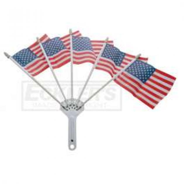 Chevy Chrome Flag Holder, With Five American Flags, 1949-1954