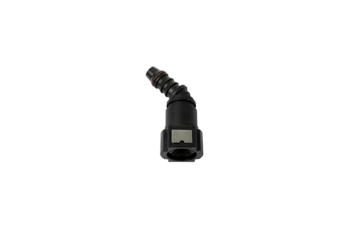 3/8" Hose Barb to M10 (9.89mm) Female Quick Connect, 45-Degree, Double Button
