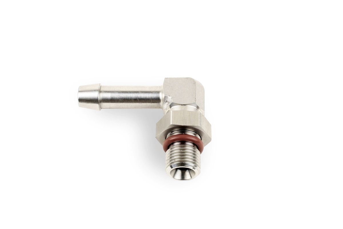 RaceFlux 90-Degree 1/8" BSPP Male to 1/4" Barb Adapter Fitting, Stainless Steel