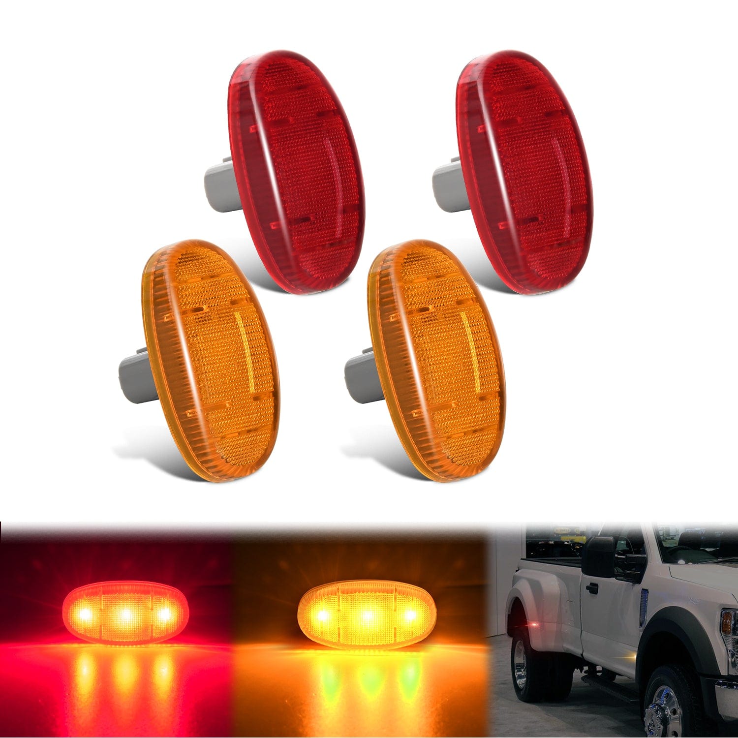 4 PCS 3 LED Red Amber Wheel Fender Side Marker Lights Compatible With 2011-2022 F250 F350 F450 F550 Super Duty