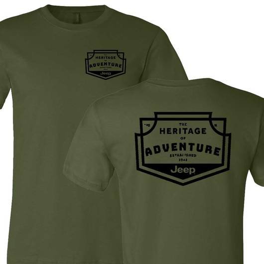 Jeep Merchandise Mens Heritage of Adventure Badge Short Sleeve T-Shirt in Olive Green