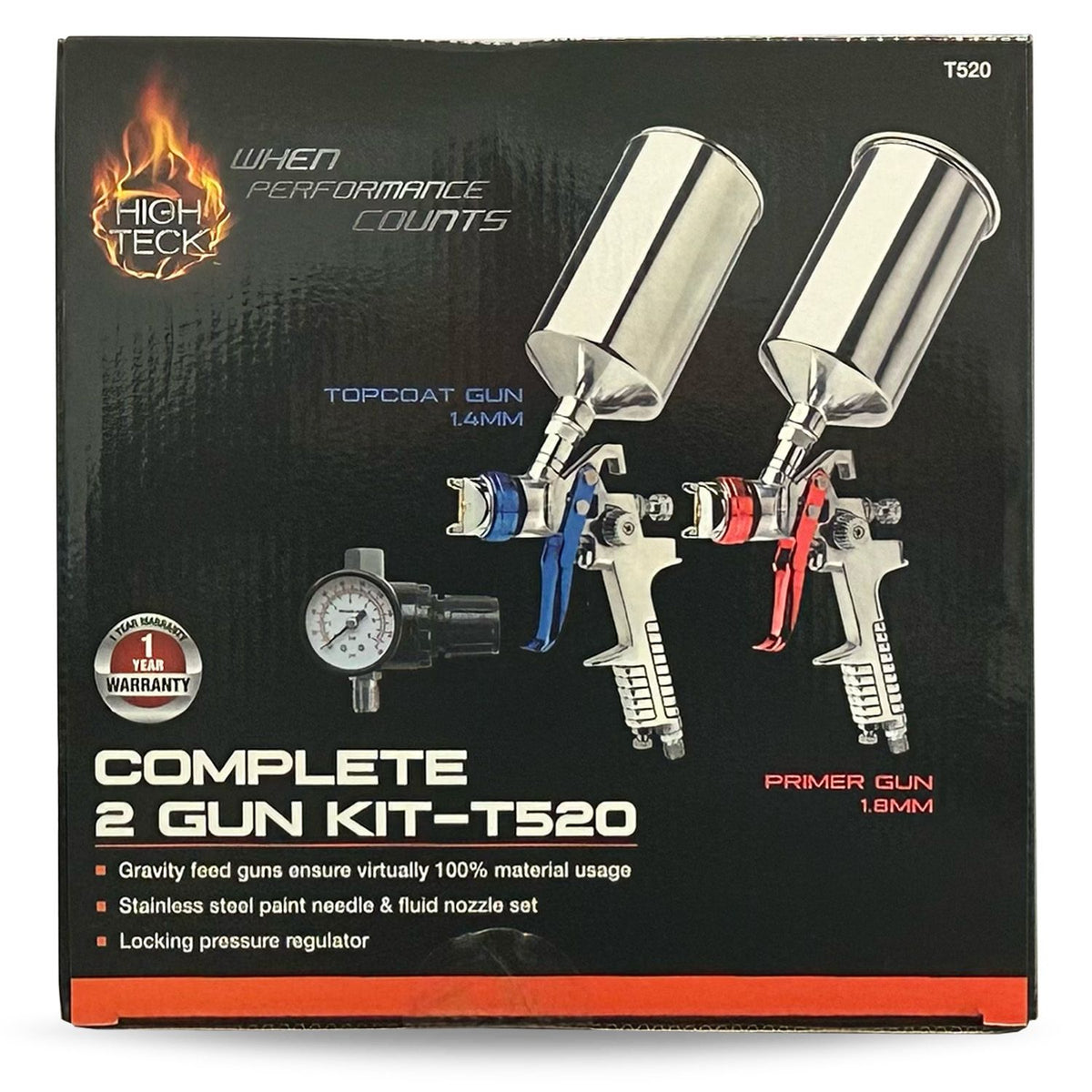 High Teck T520 2-Gun HVLP Primer & Top Coat Set, includes two spray guns and accessories