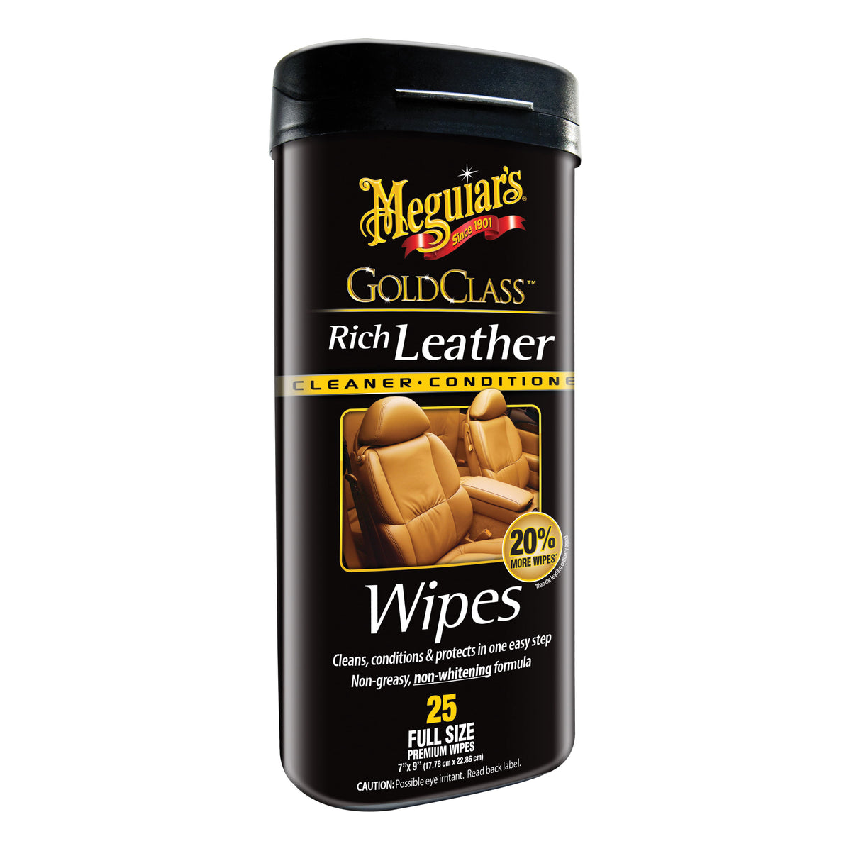 Meguiar's G10900 Gold Class 3-In-1 Leather Cleaning Wipes - 25 Wipes Canister, 7×9 in, Saturated