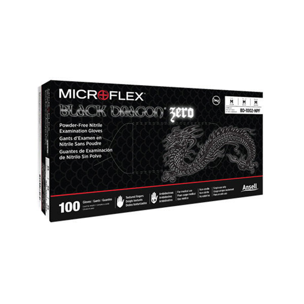 Microflex Black Dragon Zero BD-1002-NPF Nitrile Exam Gloves, Medium, Black, Powder-Free