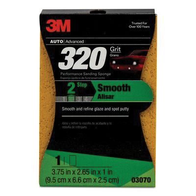 3M 03070 Performance Sanding Sponge, 320 Grit, Yellow, 3-3/4" x 2-5/8"