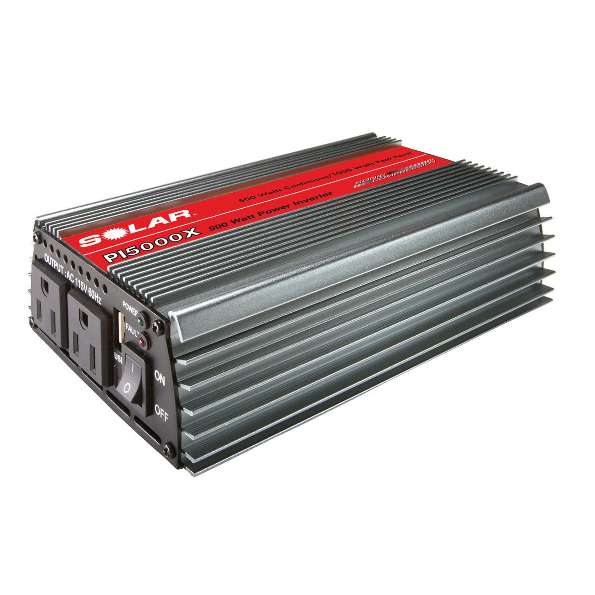 Solar PI5000X 500 W Power Inverter, dual AC outlets, USB, 12 V plug or battery clamp input