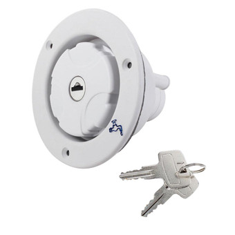 Locking RV Fresh Water Fill Neck &Cap - 1-1/2" Hose Fitting (White)