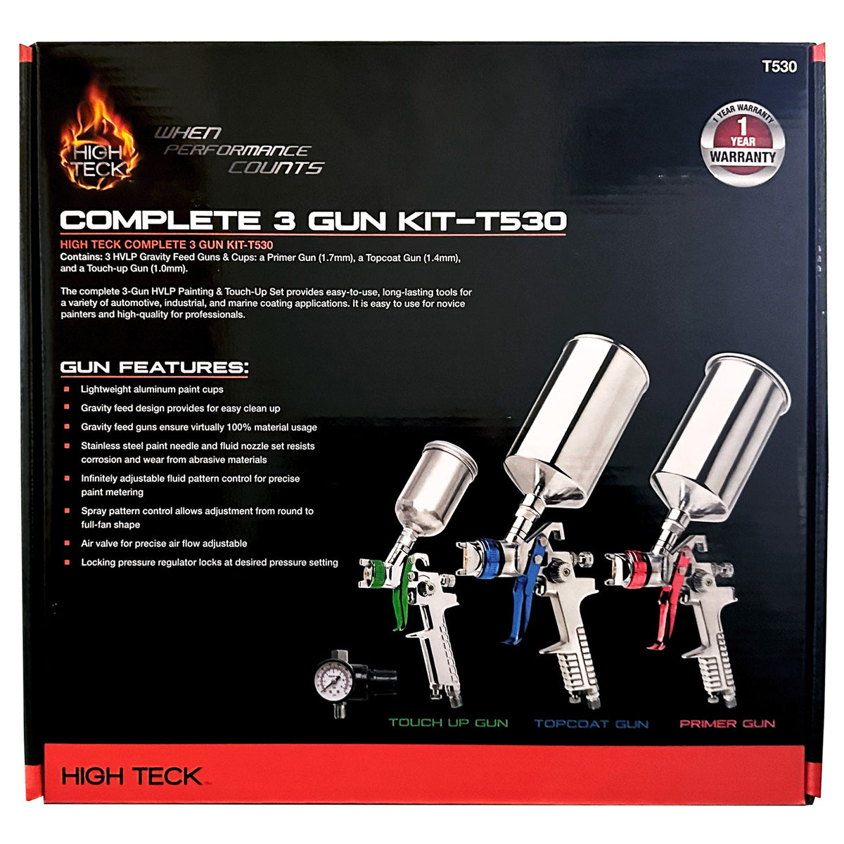 High Teck 3-Gun HVLP Paint and Touch Up Set T530 Aluminum Cups 1.0 mm 1.4 mm 1.7 mm