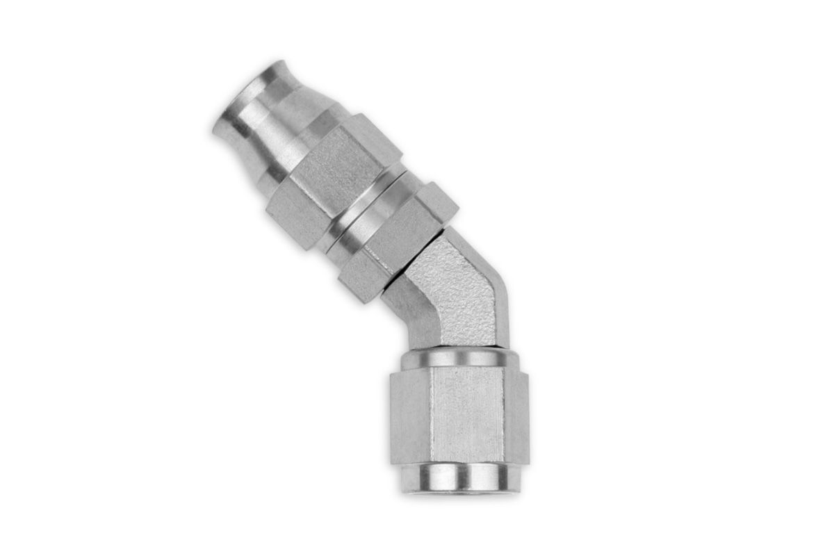 RaceFlux PTFE 45-Degree Double Swivel Hose End Fitting, Stainless Steel, -4AN