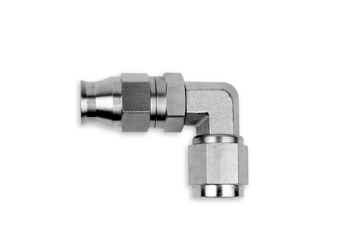 RaceFlux PTFE 90-Degree Double Swivel Hose End Fitting, Stainless Steel, -4AN